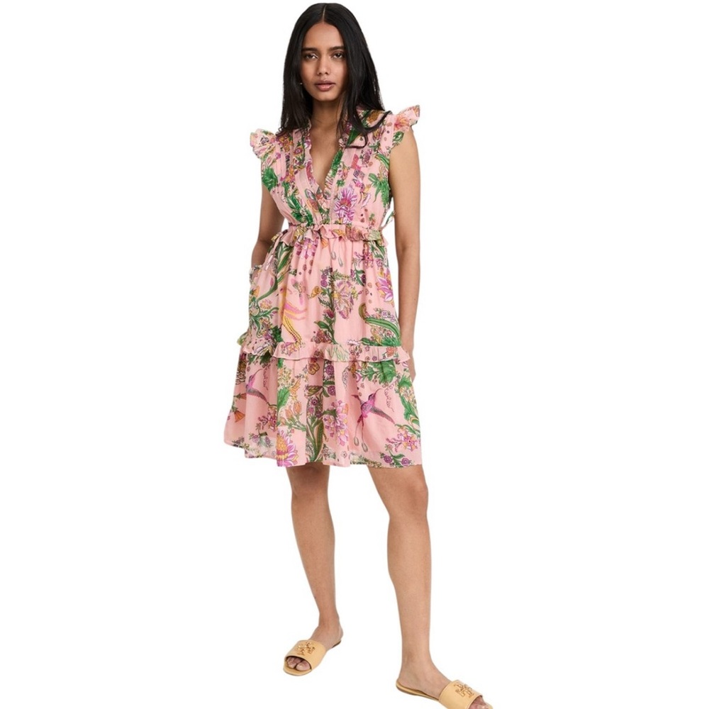 Banjanan Pink Green Ruffled Smocked Midi Dress